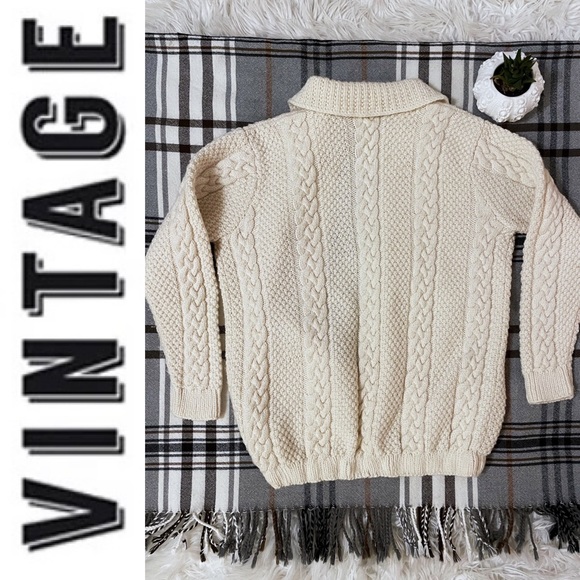 Hand knit Fishermen cable knit cream button-down cardigan chunky sweater - Picture 2 of 16